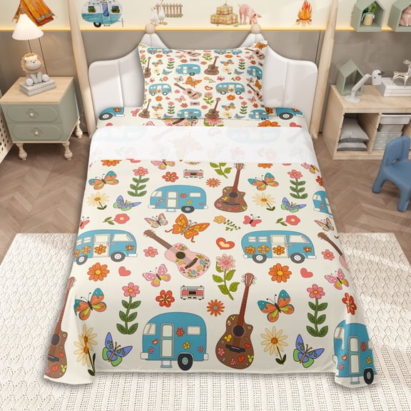 Erosebridal Teens Cartoon Floral RV Car Twin Sheet Sets 3pcs,Girls Boys Happy Camping Butterflies Guitar Bedding,Breathable Home Decor