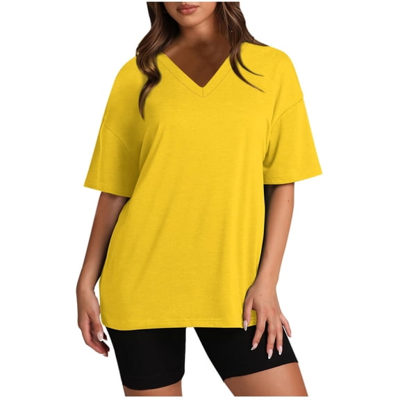 Womens 2 Piece Sets Summer Outfits Shorts Sleeve Oversized V Neck Tops and Elastic Waist Shorts Lounge Set (XL, Yellow)