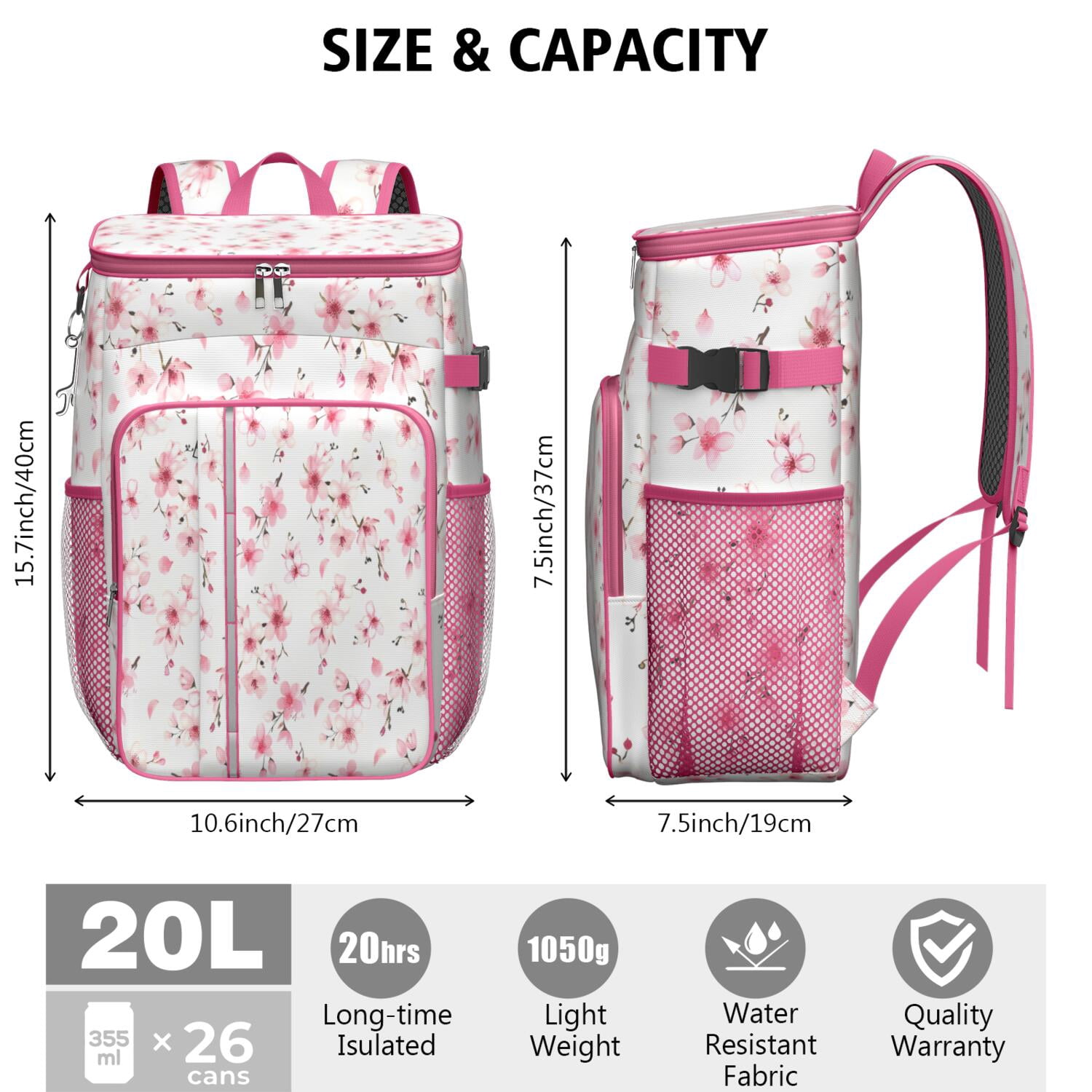 Travel Cooler Bag - Pioneer Flower Floral Print Pattern Camping Beer Cooler Backpack with Bottle Opener- Waterproof Insulated Picnic Backpacks - Cooler Bag for Beach