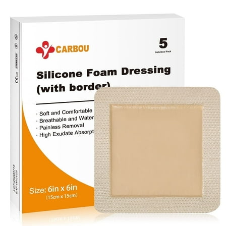 Carbou 5Pcs Silicone Foam Dressing 6" x 6" (15cmx15cm) - Square Wound Care Dressing with Border Adhesive Waterproof Silicone Wound Bandage