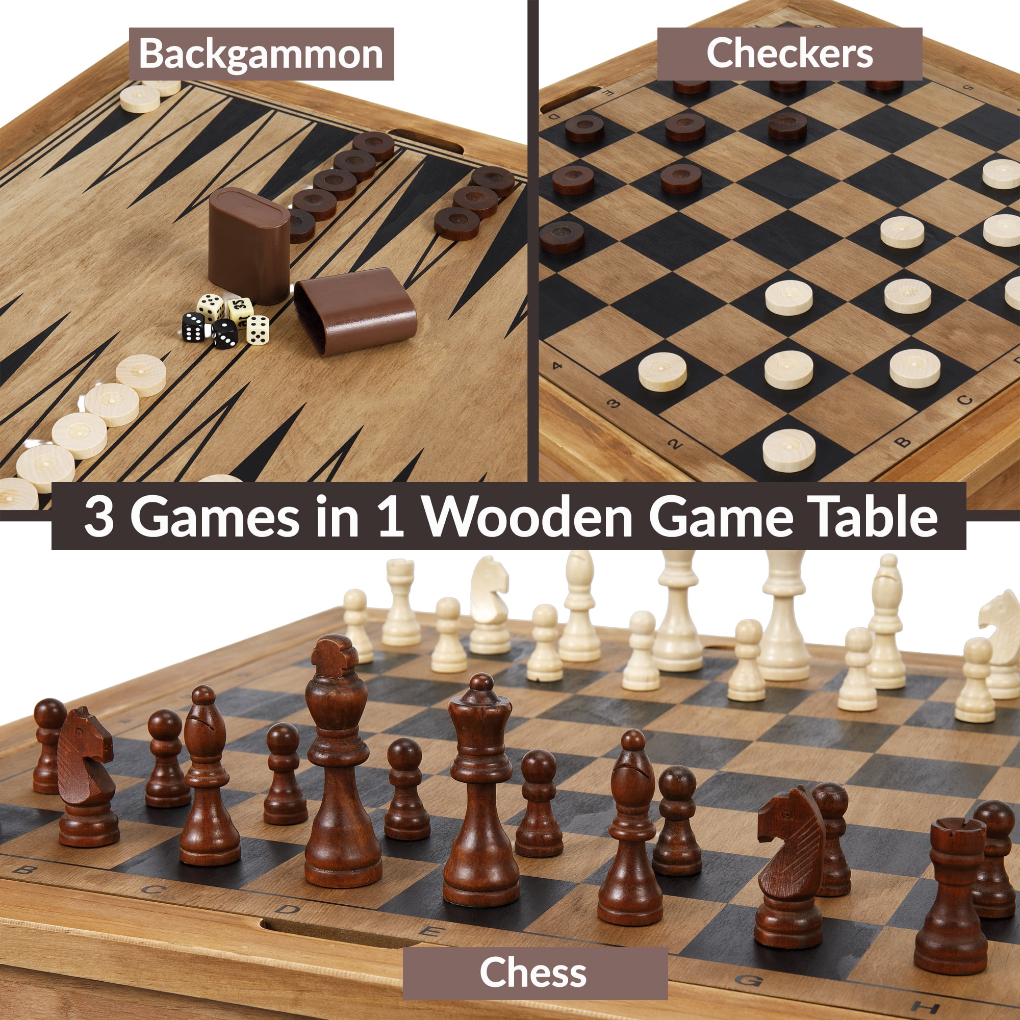 Sterling Games Wooden Chess Table with Checkers Backgammon Combo Set, Rustic Oak