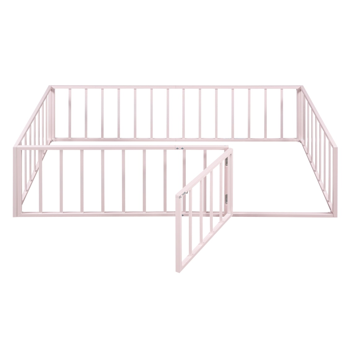 Twin Size Metal Floor Bed Frame with Fence and Door, Montessori Bedframe, No Box Spring Needed, Easy to Install, Pink