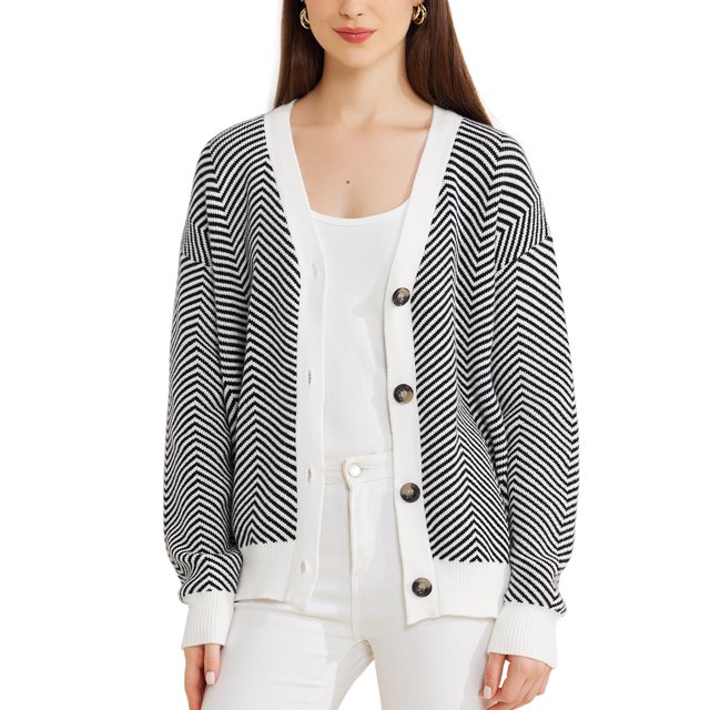 Unique Bargains Cardigan Rayé pour Femmes, Ouvert devant, Boutonné, Col en V, Noir TG