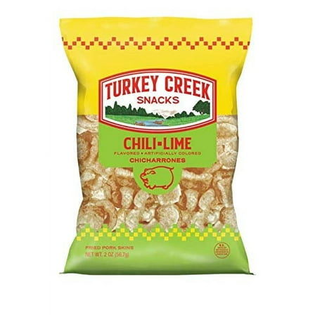 Turkey Creek - Americas Best Fried Pork Skins, offers a 12-Bag Straight Pack of its Chili-Lime Pork Rinds. These Pork Skin ChipsChicharrones are packed with Chili-Lime 12 - 2.0 oz bags.