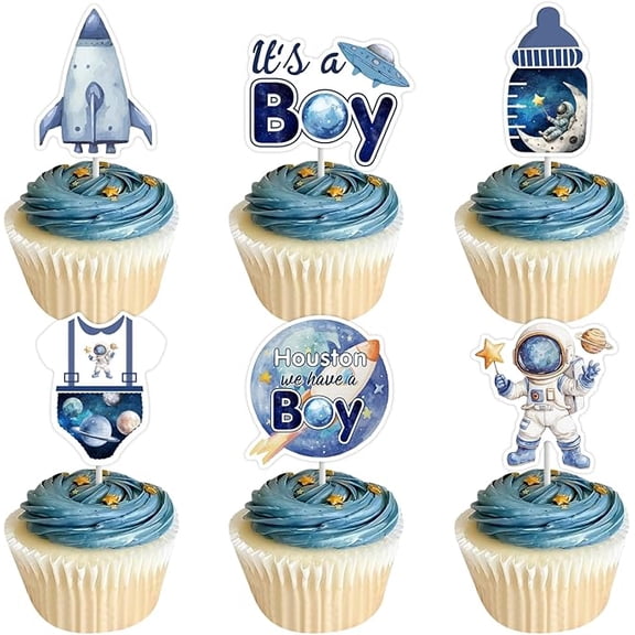 36pcs Blue Outer Space Baby Shower Cupcake Toppers, Houston We Have A Boy Cake Decorations, Planet Rocket Spaceship Cupcake Picks, Astronaut Universe Theme Birthday Party Supplies