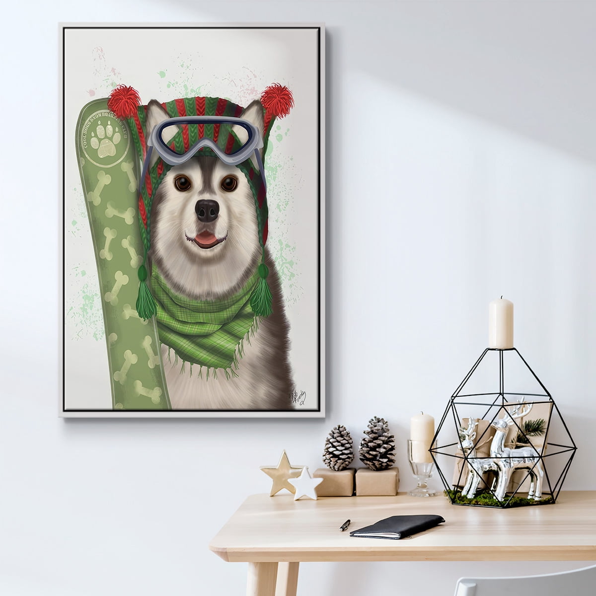 Christmas Husky Snowboard - Framed Gallery Wrapped Holiday Canvas - 27 x 41 - White Frame