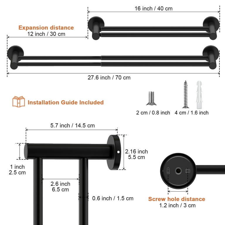 Adjustable 16 to 27.6 Inch Double Bath Towel Bar, ZUEXT Oil Rubbed Black  Stainless Steel Towel Holder Hanger, Wall Mount Expandable Hand Towel Rod  for