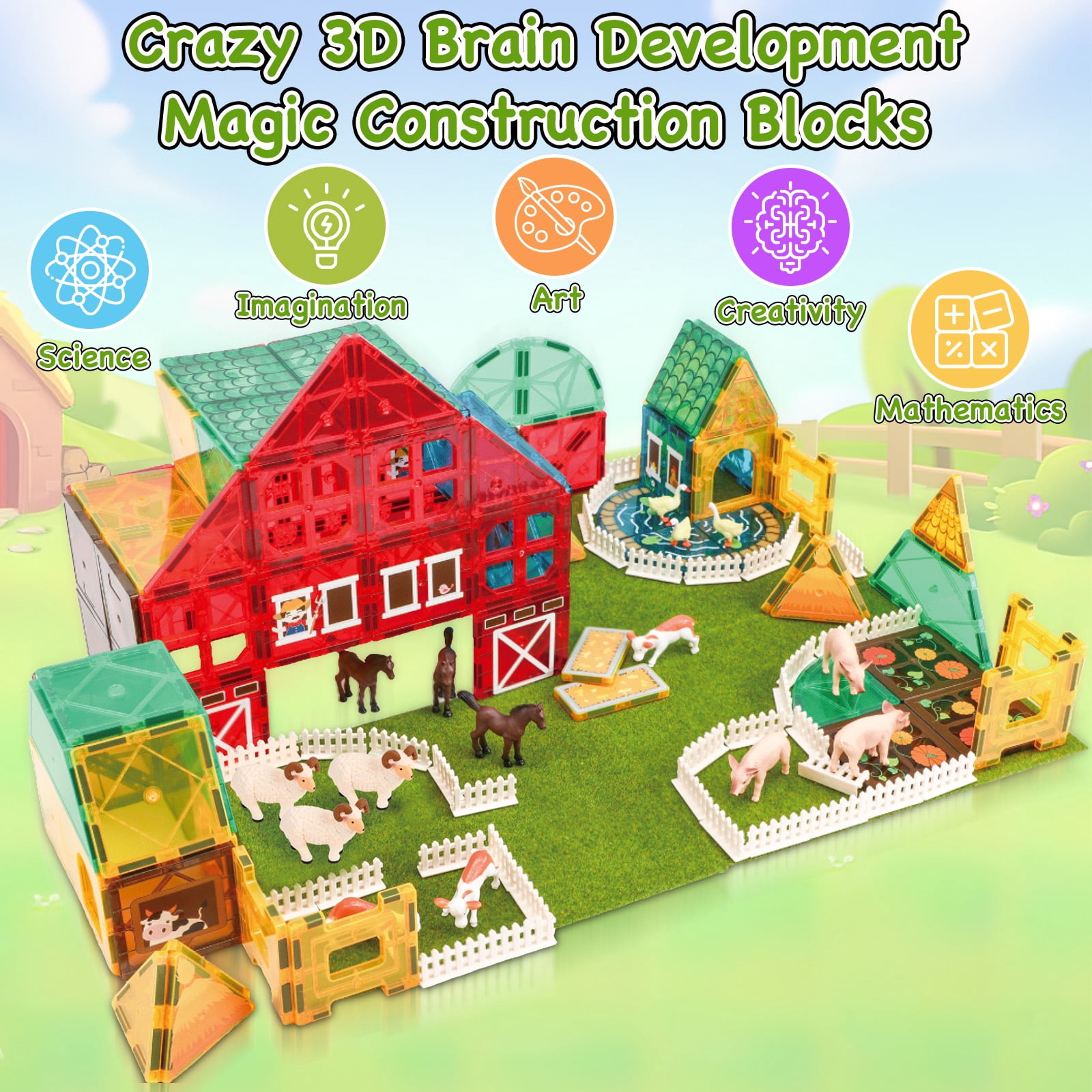 FunMagic Magnetic Tiles Farm Animal Toys Set for Toddles Kids, Montessori STEM Educational Magnetic Building Blocks for 3+ Year Old Boys Girls