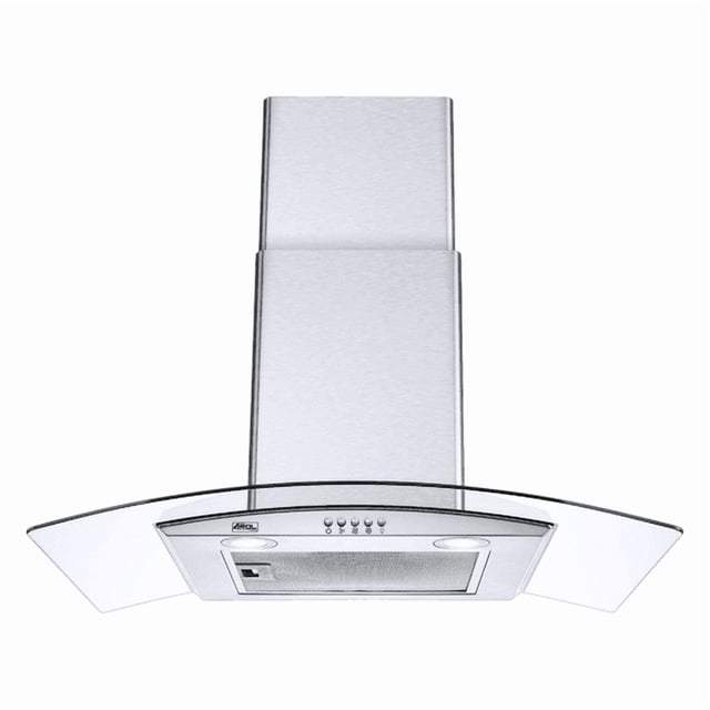 campana extractora curva 60 cm inoxidable arol c-ac1f60 campana de cocina de 60 cm en acero inoxidable #430 con vidrio curvo templado; vista frontal centrada con chimenea ajustable, panel de 3 velocidades, dos focos LED visibles y filtro metálico lavable en la base; adecuada para extracción de humo y olores y suele usarse también para ventilar áreas de cocción pequeñas.