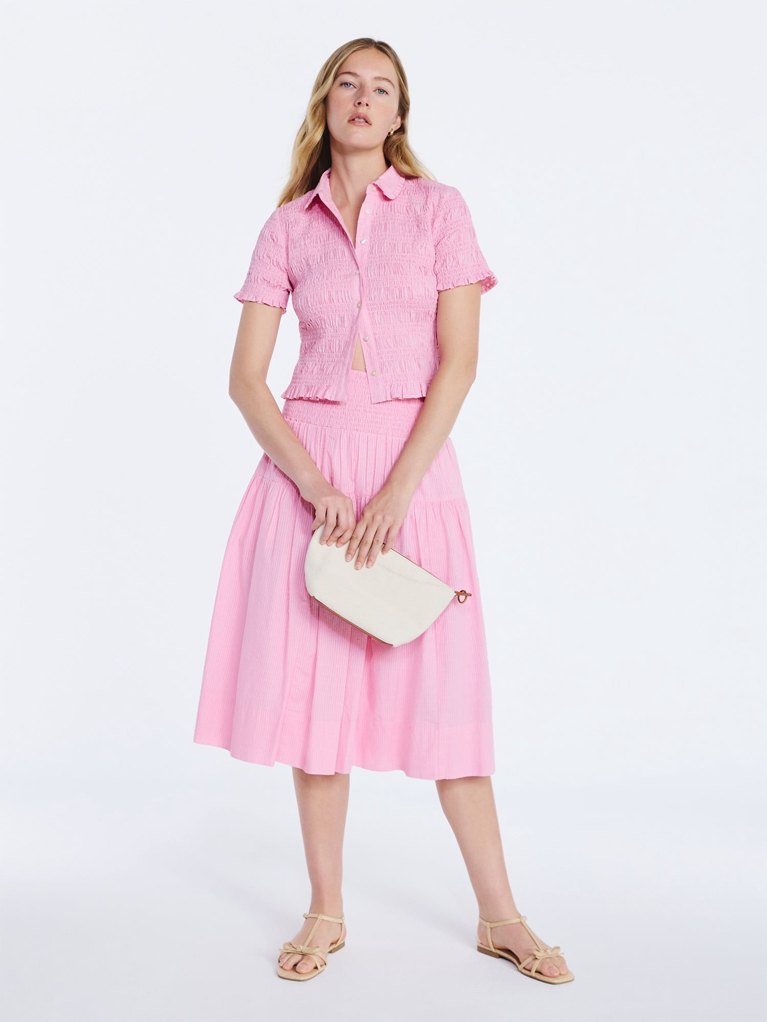 Free Assembly Women's Smocked Cotton Button Front Shirt with Short Sleeves XS-XXL