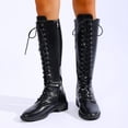 thumbnail image 2 of Women’s Full Lace Up Knee High Combat Boots, Round Toe Low Flat Heel Leather Tall Boots, Side Zipper Moto Riding Shoes Black 7(39), 2 of 9