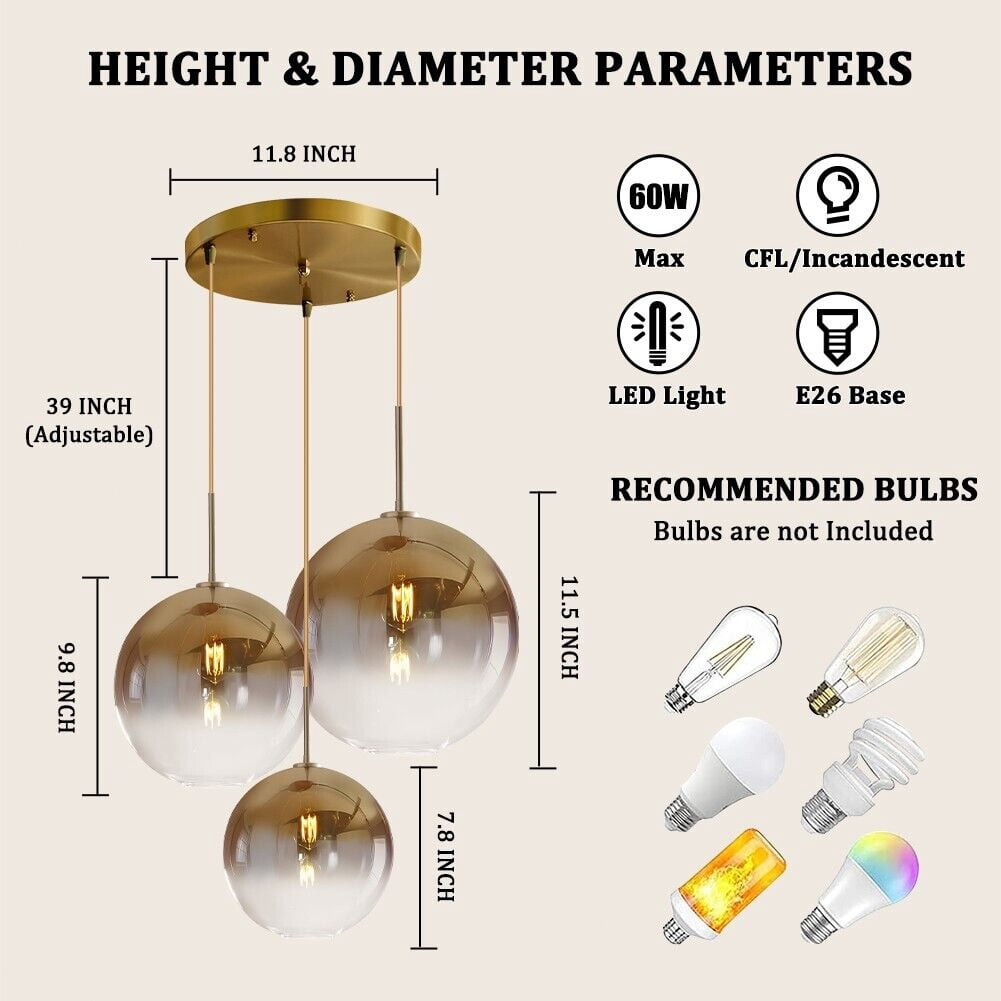 KPIBEST Modern Globe Pendant Light Fixtures 3-Light Vintage Industrial Hanging Ceiling Chandelier Ball Lamp for Kitchen Island Dining Room Bedroom Hallway Bar Cafe
