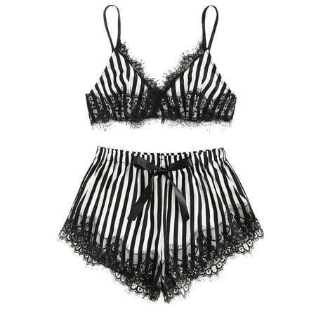 

Qcmgmg 2 Pack Striped Sexy Crop Top Shorts Set Women Pjs Sleepwear Nightgown Satin Pajamas Set