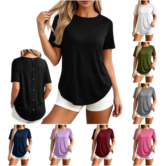 Mifsaly Women's Athletic Shirts & Tees Back Buttons Crewneck Short Sleeve T-Shirts Lightweight Breathable Comfy Curved Hem Workout Undershirts Black,S