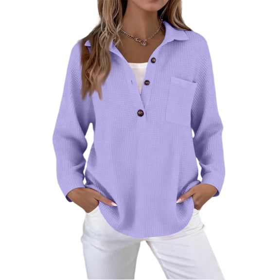 Waffle Knit Tops for Women V Neck Long Sleeve Solid Loose Casual Tunic Fashion Button Down Henley Shirts with Pocket Light Purple L