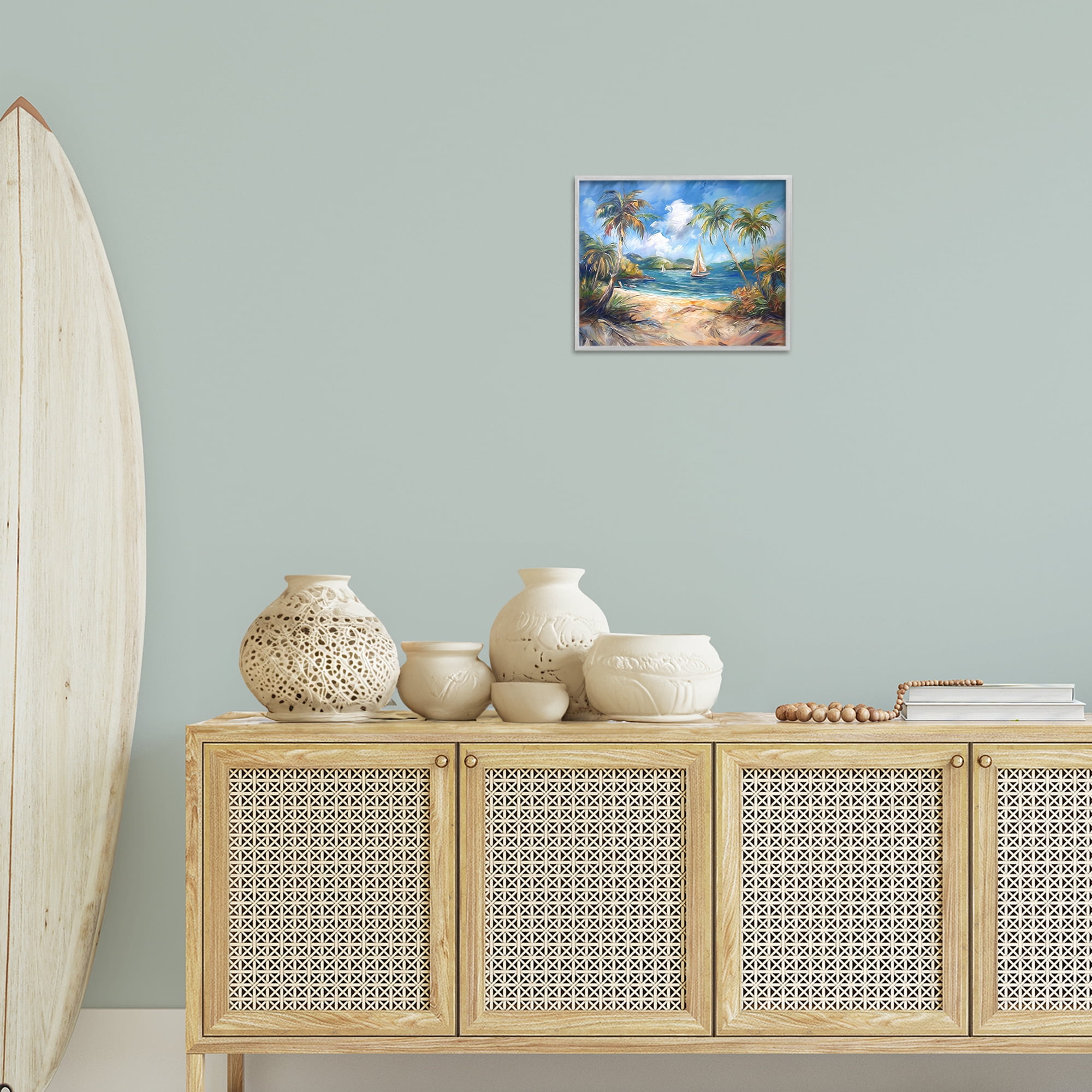 Stupell Industries Paradise Beach Harbor Coastal Painting Gray Framed Art Print Wall Art, 14 x 11