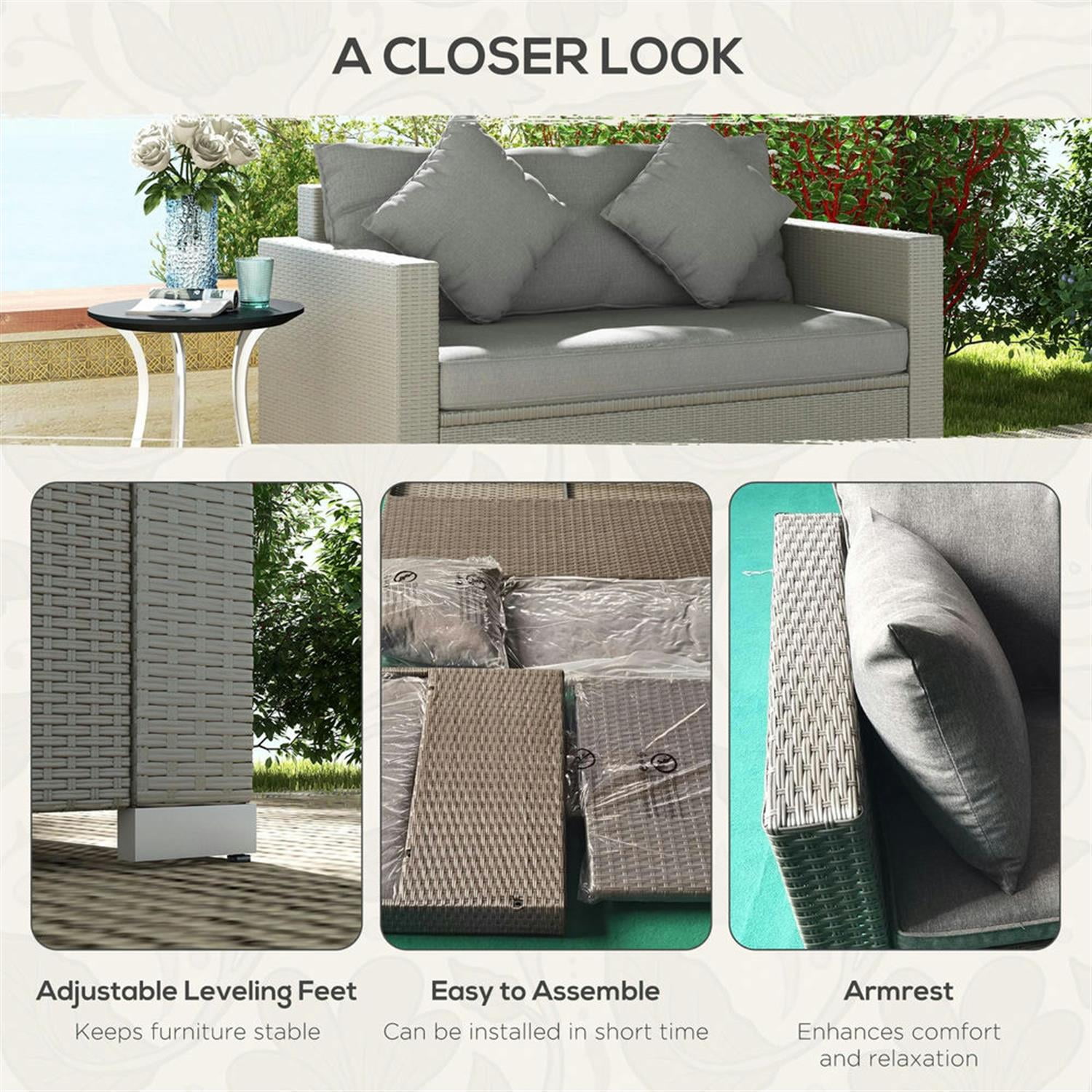 Demi Bonn Outdoor Wicker Loveseat, Patio Sofa with 2 Seats PE Rattan, 2 Throw Pillows Included, Comfortable Couch Set for Garden, Backyard, Gray