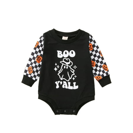 

Calsunbaby Toddlers Baby Girls Boys Halloween Romper Ghost Print Patchwork Crew Neck Long Sleeve Snaps Jumpsuit Black Ghost with Hat 12-18 Months