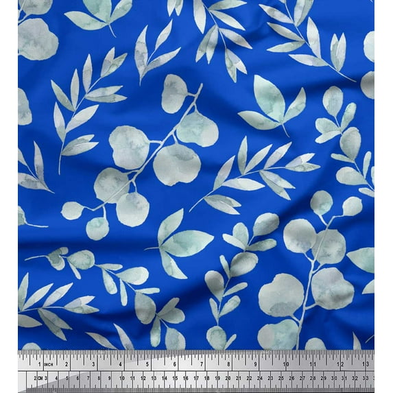 Soimoi Blue Rayon Fabric Flower Leaves Print Sewing Fabric Yard 56 Inch Wide