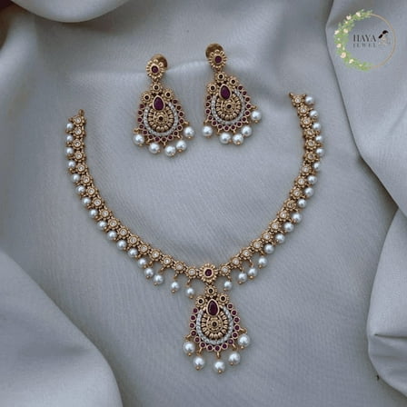 Gold Plated Ruby AD Short Necklace with Chandelier Jhumka Earrings - First Quality CZ Stone, Pearl Necklace, South Indian Pakistani Wedding Party Jewelry