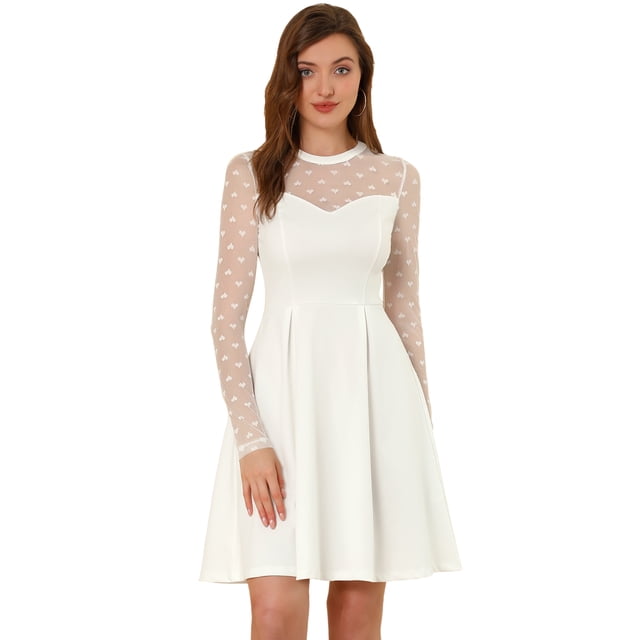 Vestido corto de una línea de fiesta de patinadora transparente de malla con lunares de corazón Allegra K blanco S