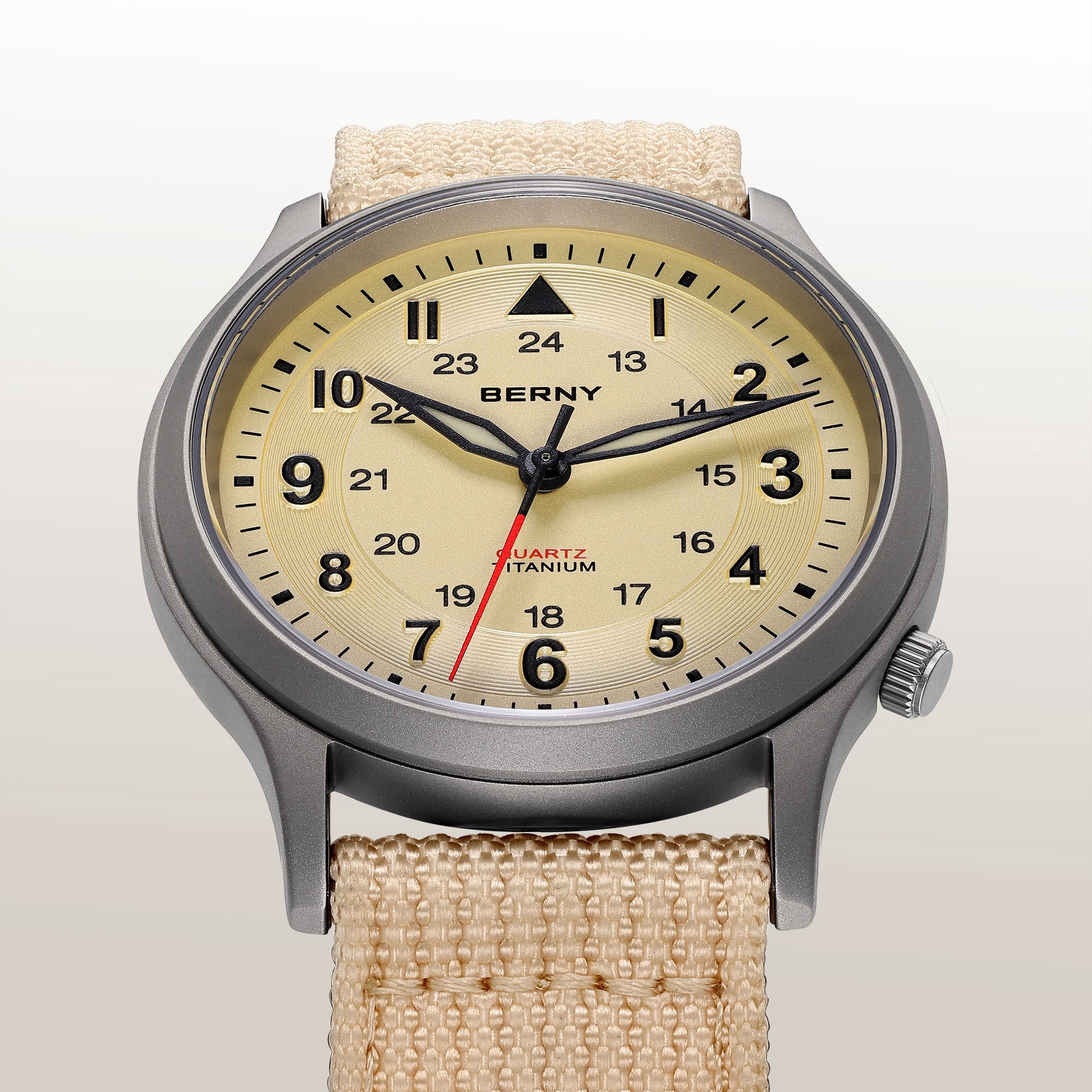 BERNY Titanium Watches for Men, Japanese Quartz Movement Men's Field Watch, 5ATM Waterproof Military Wristwatch for Men, Analog Sport Watches, Beige