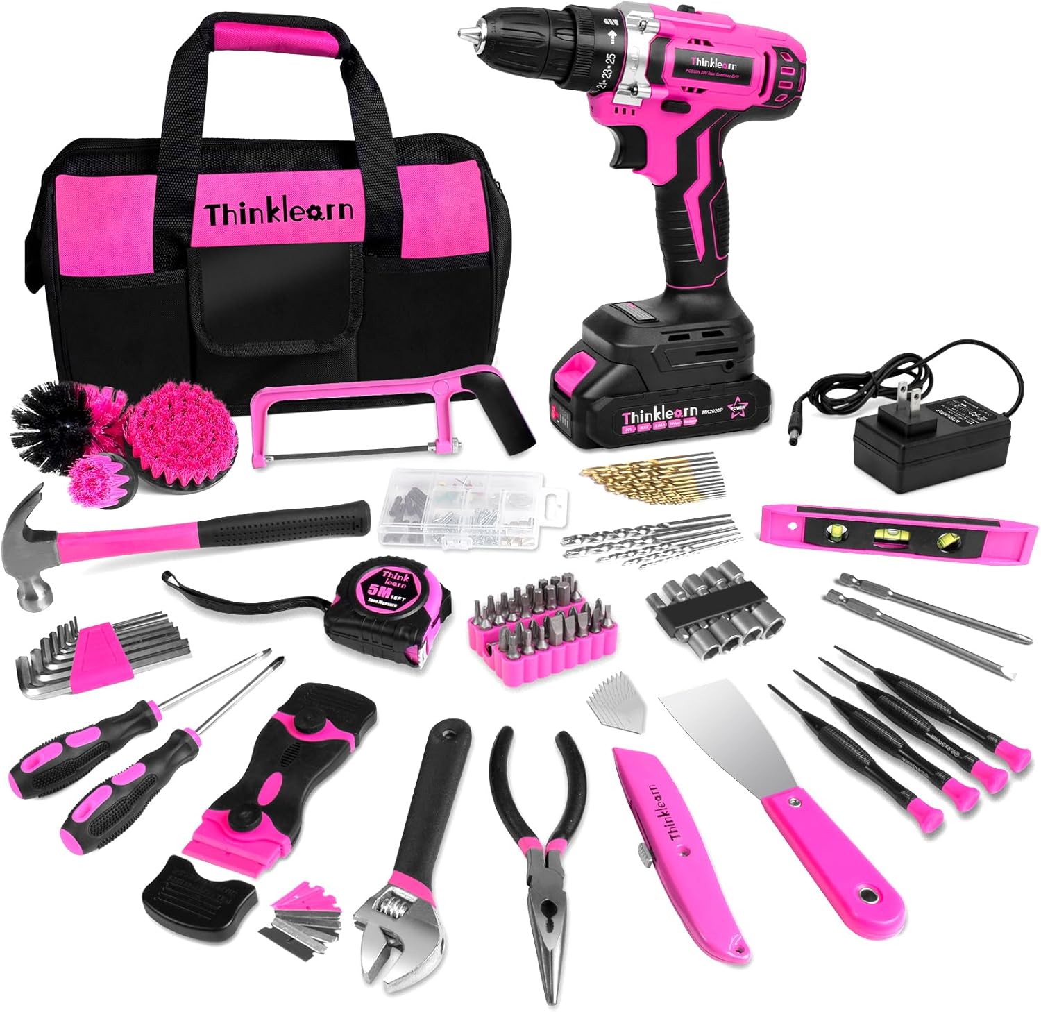Generic Pink Tool Kit with 20V Cordless Drill(265in-lbs), Pink Drill Set for Women,Lady's Home Tool Kit for DIY