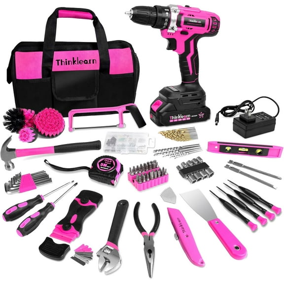 Generic Pink Tool Kit with 20V Cordless Drill(265in-lbs), Pink Drill Set for Women,Lady's Home Tool Kit for DIY