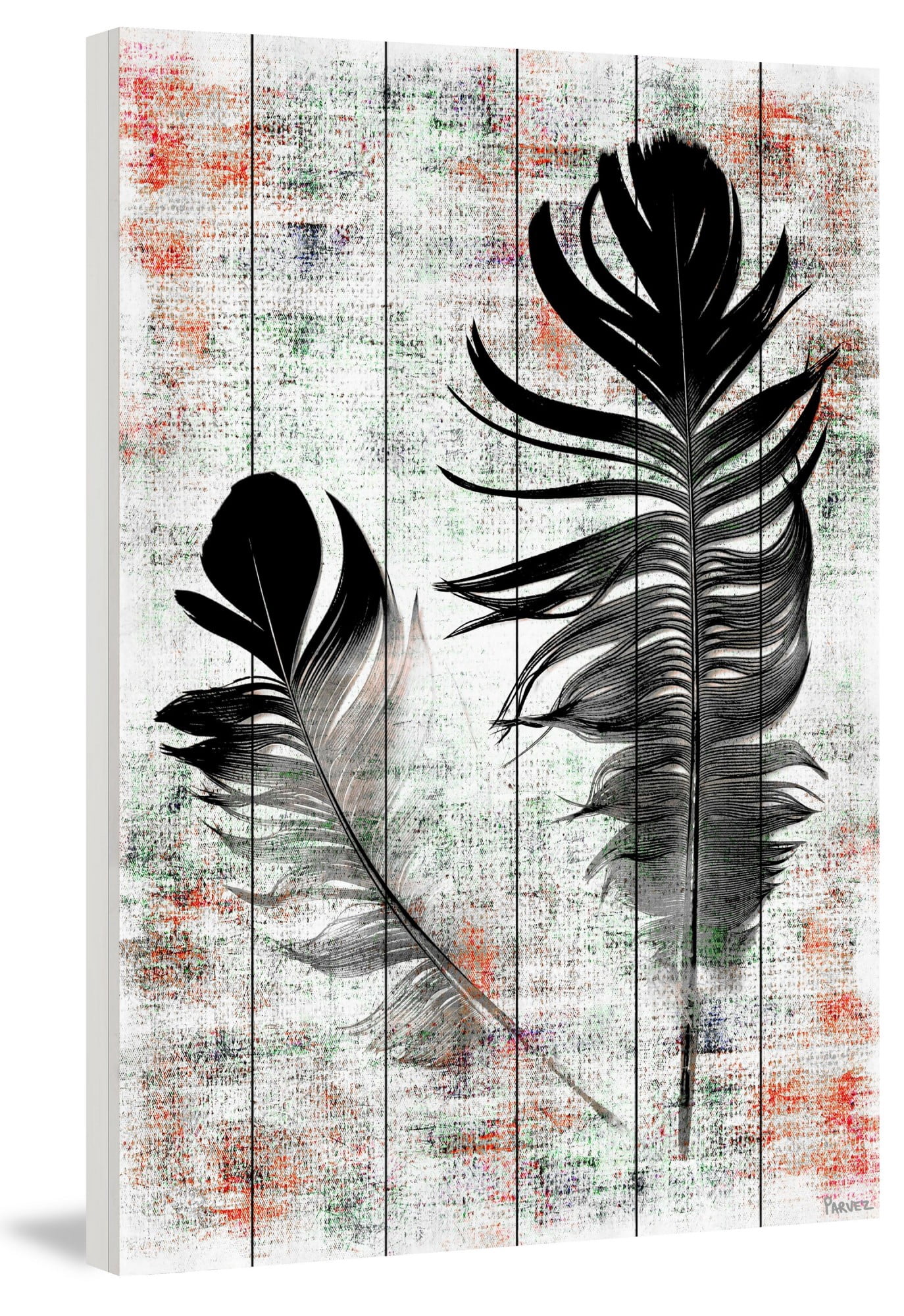 Parvez Taj Pt-Wnpw-145-Ww-45 45" x 30" "Black Feathers" Art Print on White Wood