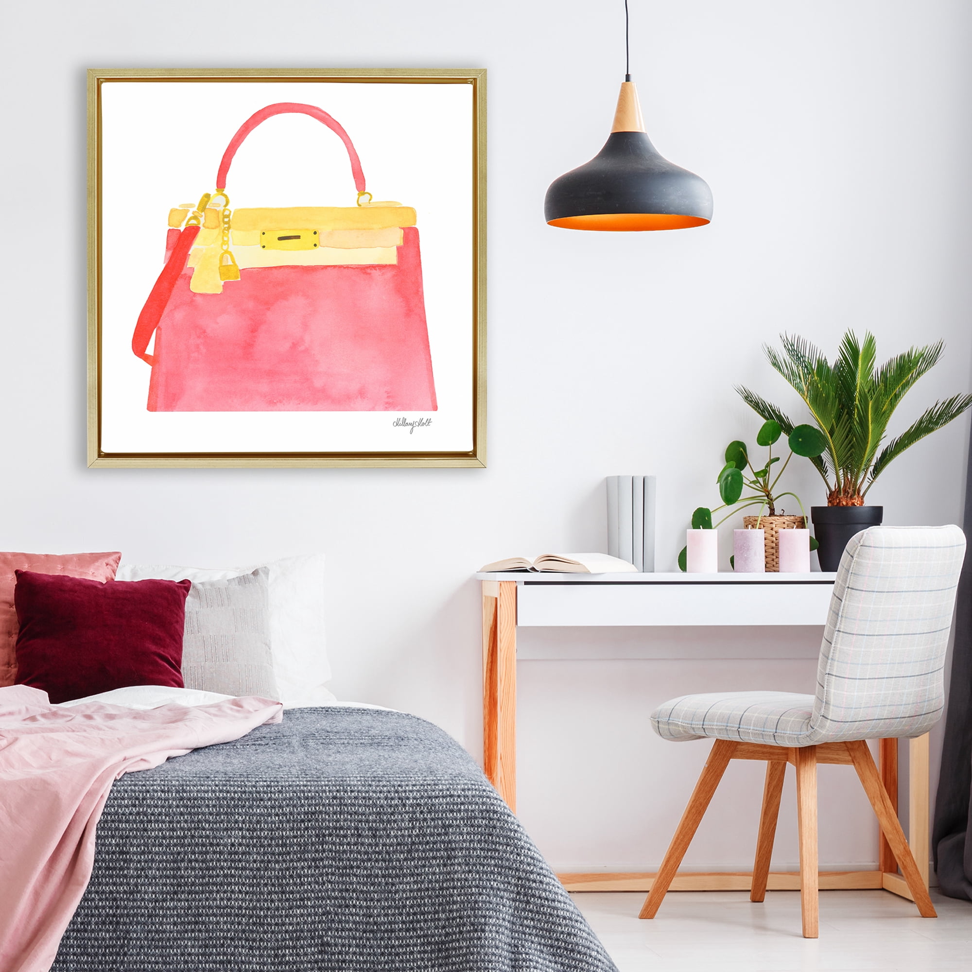Stupell Industries Elegant Coral Handbag Gold Framed Floater Canvas Wall Art, design by Hillary Holt