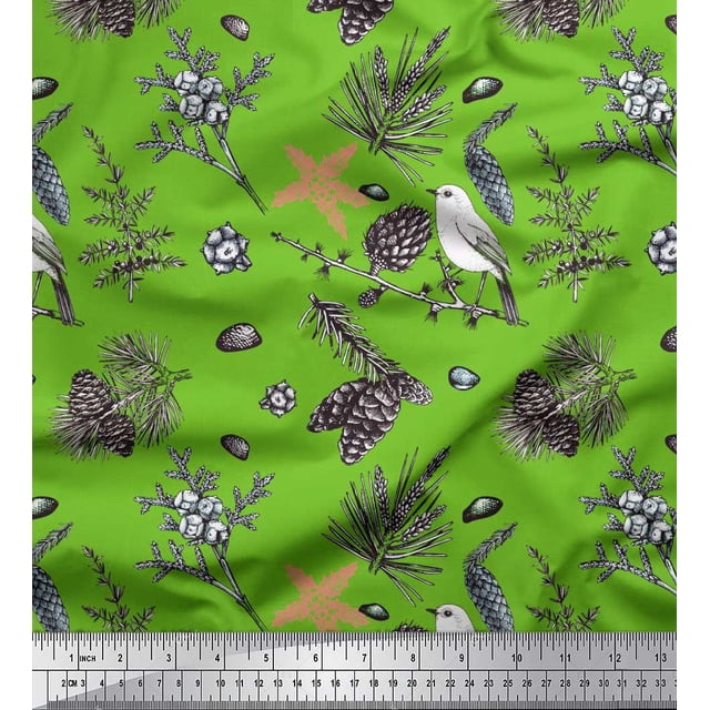 Soimoi Green polyester Georgette Fabric Floral, & American Robin Bird Print Fabric by The Yard 52 Inch Wide