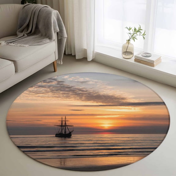 Summer Sunets Round Area Rug 3Ft Washable Small Circle Rugs for Kitchen Entryway, Coastal Beach Sailing Boats Oceans Non-Slip Carpet Floor Mats Indoor Outdoor Carpet Runner Aesthetic Home Decor