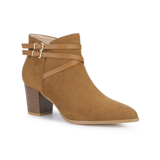 BLISSFUL STEP Bottines à Talons Blocs pour Femmes à Bout Pointu avec Boucle Décorative et Bride Croisée Marron (Taille 9.5)