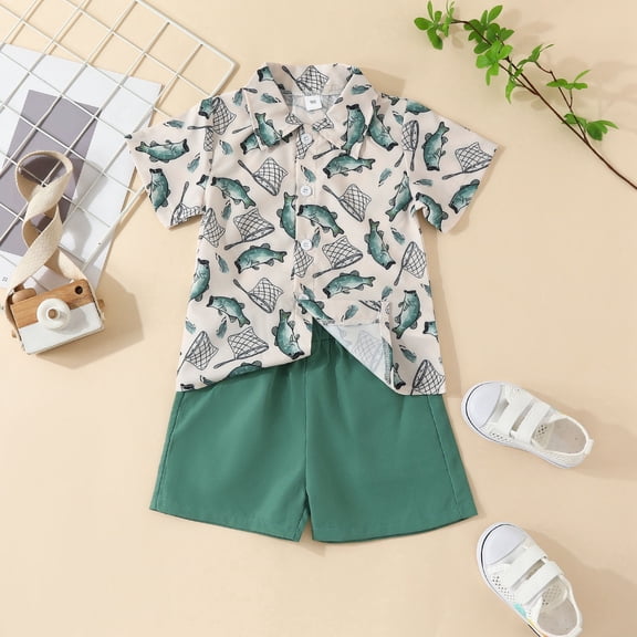 JCCXIN Outfit Sets Boys Summer Fish Short Sleeved Shirt Thin Loose Lapel Tops Shorts Suit Leisure Clothes Sets
