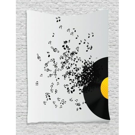 Music Tapestry, Abstract Design Flying Music Notes Disc Album Dancing Nightclub Print, Wall Hanging for Bedroom Living Room Dorm Decor, Ivory Black and Yellow, by