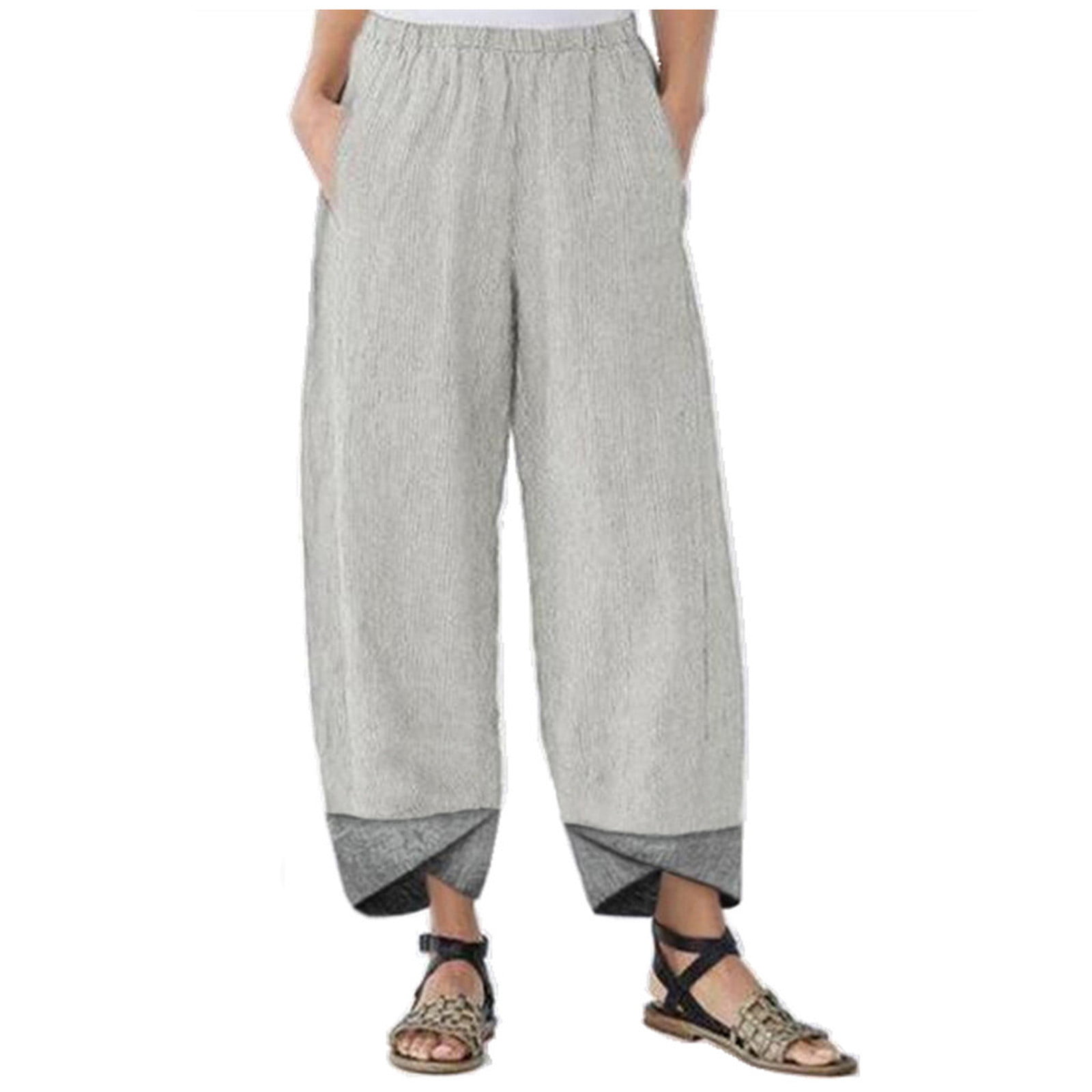 ZXHACSJ Women's Casual Cotton Linen Solid Patchwork Irregular Loose  Trousers Pants Beige S