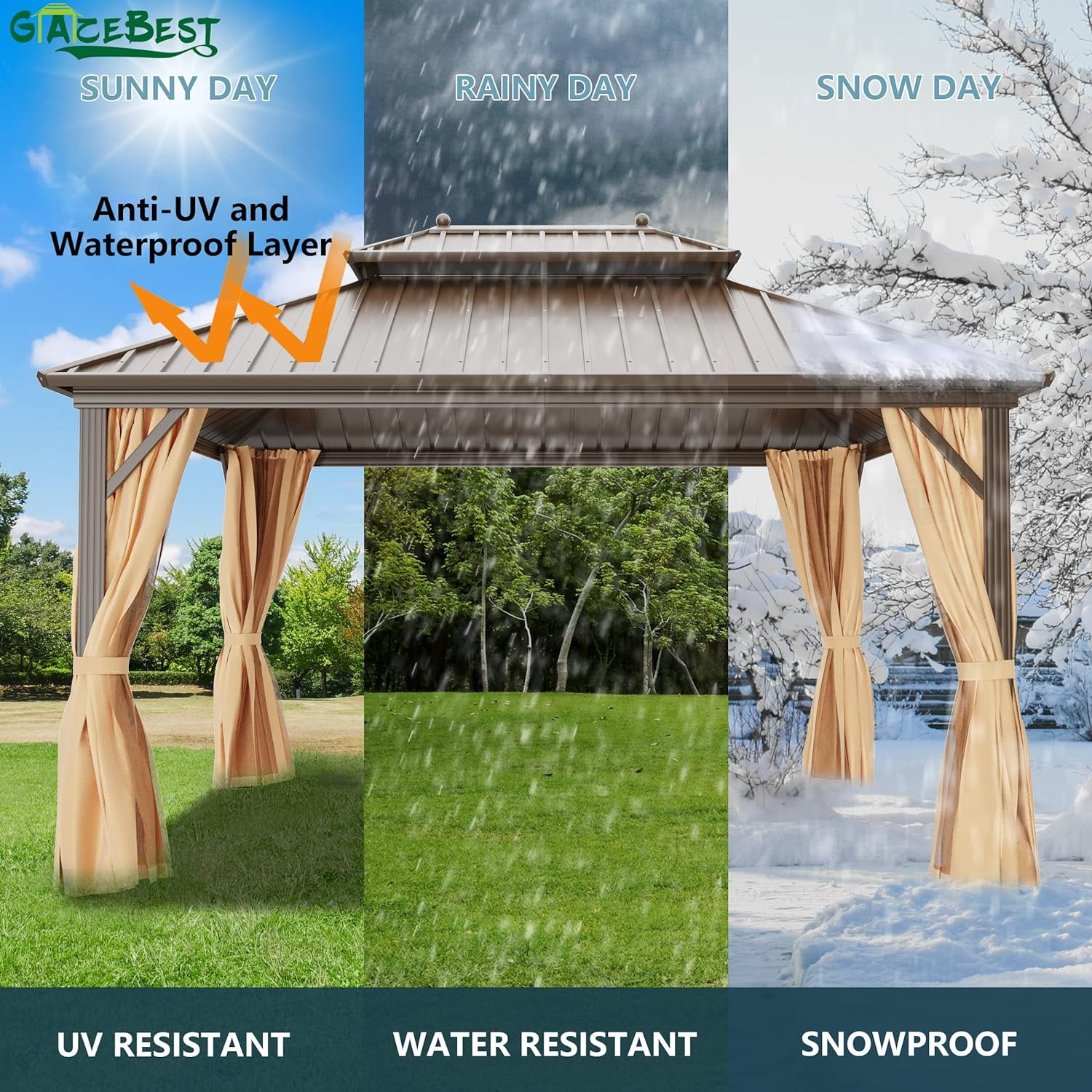 GAZEBETER 12' x 16' Hardtop Gazebo, Brown, Double Roof, Galvanized Steel, Netting & Curtains