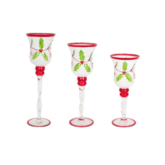 Melrose 3ct Glass Holly Christmas Candle Holder Set 15.75" - White/Green