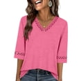 thumbnail image 2 of ClodeEU Women's V Neck Elbow Sleeve Blouse,Casual Loose Fit Solid Color Top Watermelon Red,Women's Plus M, 2 of 7