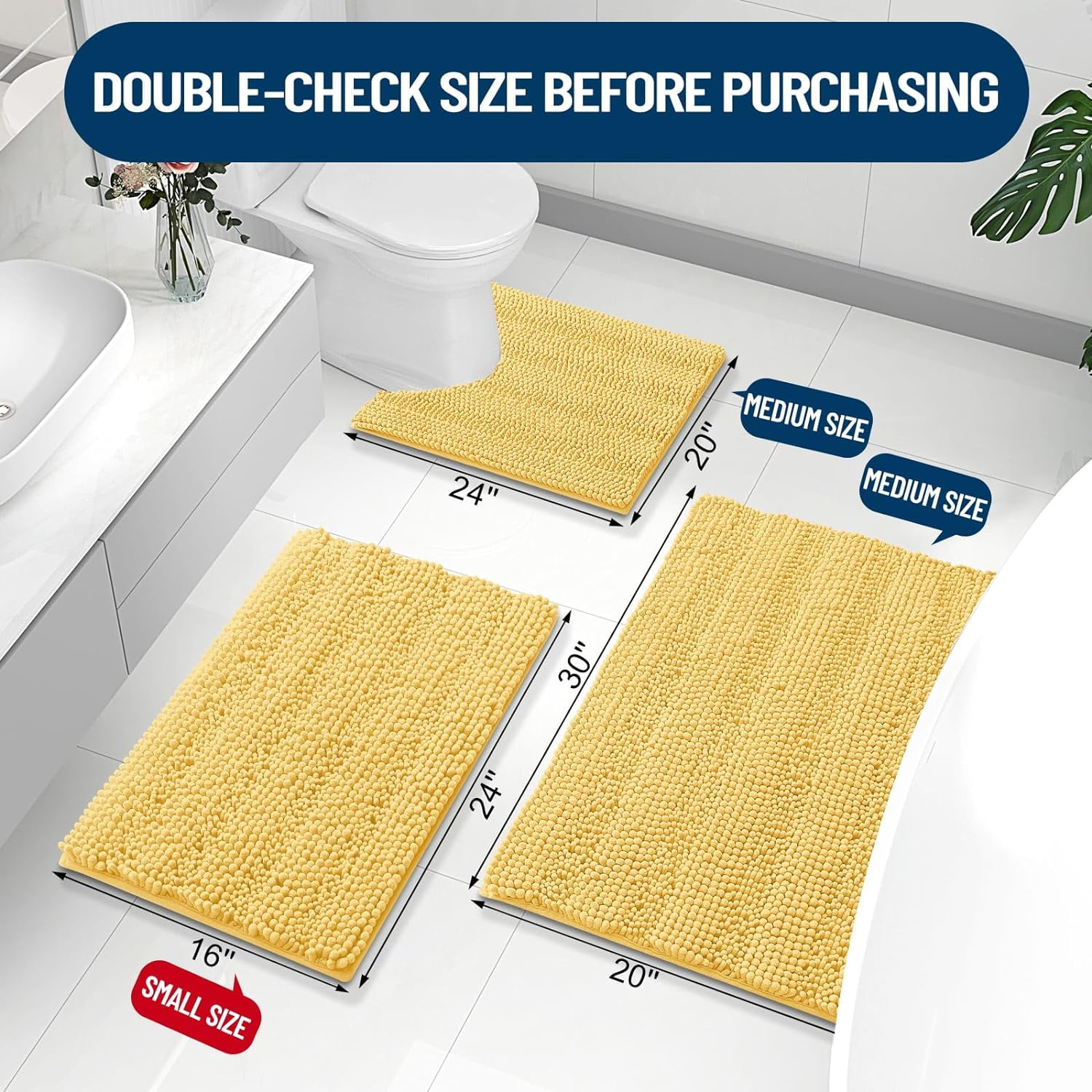 Chenille Striped Bathroom Rugs 24x16, Extra Thick and Absorbent Bath Rugs, Non-Slip Soft Plush Shaggy Bath Carpet, Machine Wash Dry, Bath Mats for Bathroom, Yellow