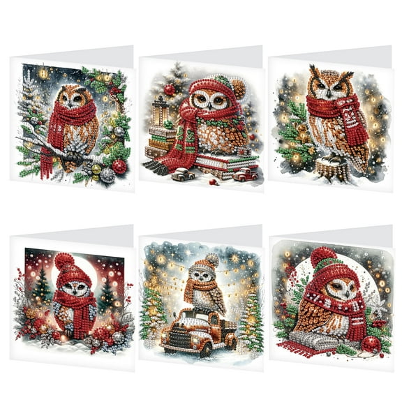 6 pcs Diamond Art Painted Greeting Card, Truck Owl 5D DIY Special Shape Diamond Card Creative Gift, Christmas Thanksgiving Greeting Card Congratulation