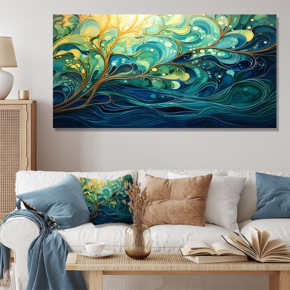 Designart "Gleaming Ink in Green and Yellow II" Oversized Abstract Wall Art - Modern Green Abstract Collages Bedroom Canvas Wall Art