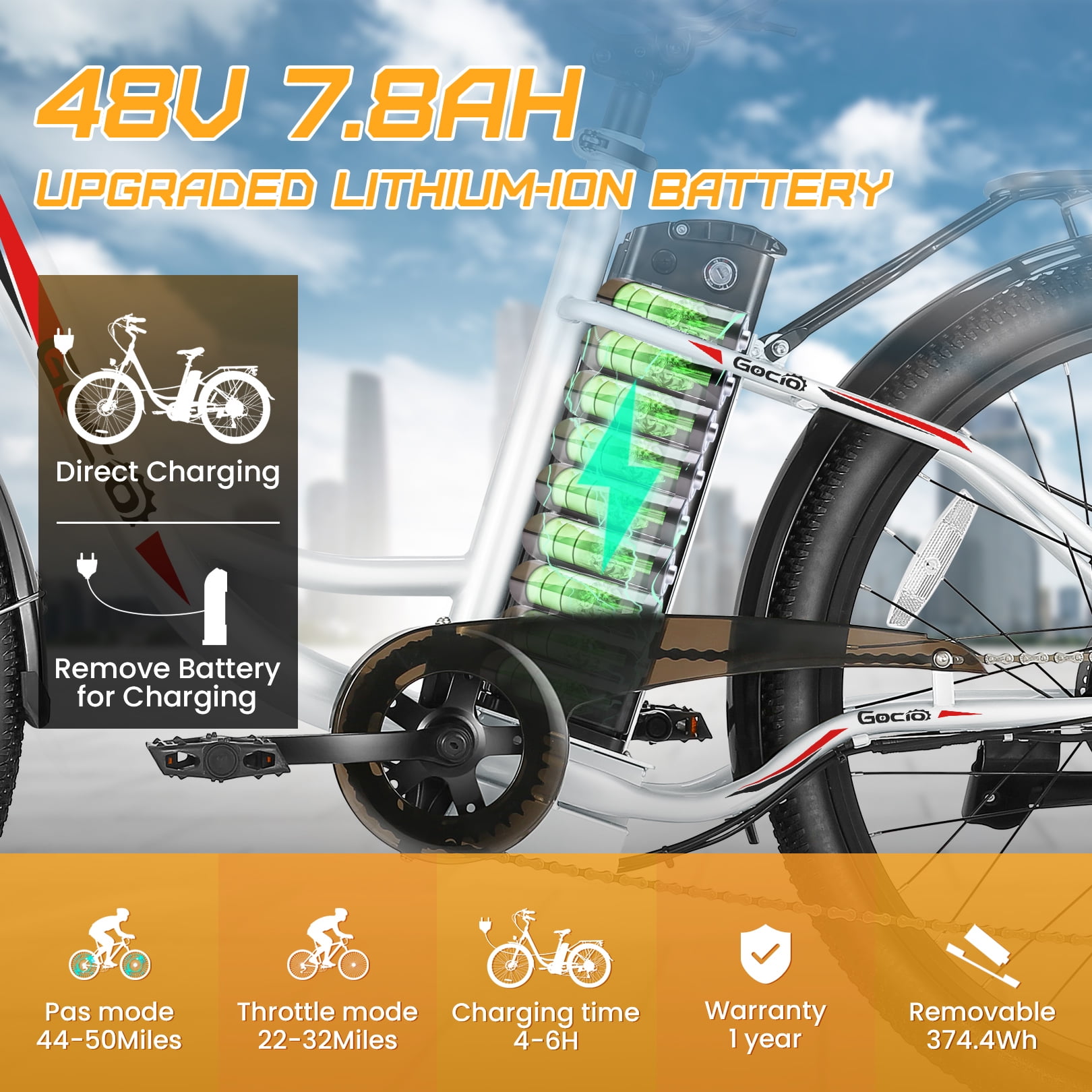 Gocio 26" Electric Bike for Adults, 750W Peak Motor Commuter E-Bike, 48V 7.8Ah Battery, 7-Speed, UL2849