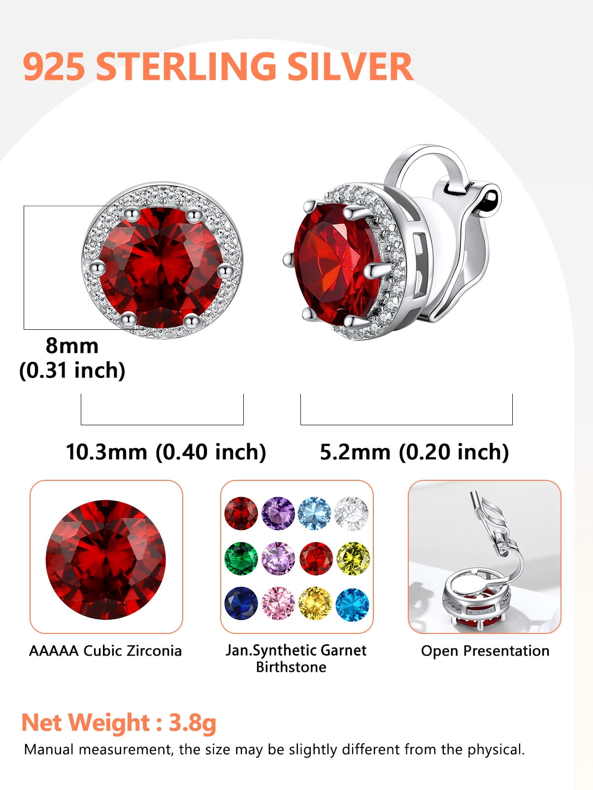 Silvora Sterling Silver Clip on Earrings for Women Round Birthstone Stud Earring Dainty Birthday Christmas Valentines Jewelry Gift, January