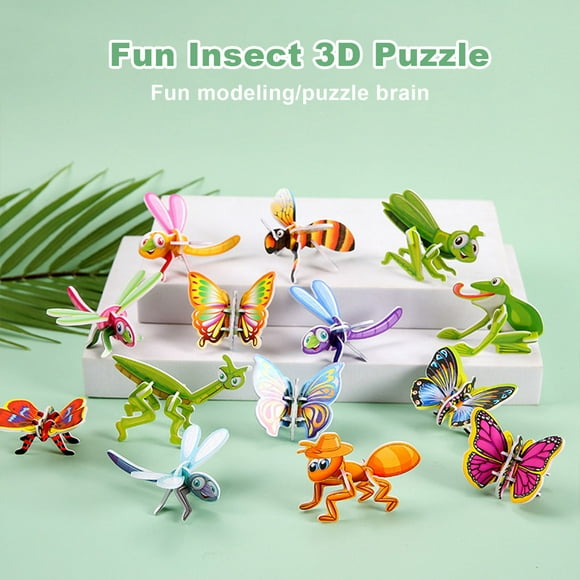 100Pcs/Set Kids 3D Puzzle Toy Number Animal Dinosaur Airplane Tank Spinning Top Cognition 3D Jigsaw Assembly Educational Game Kit Toddlers Boys Girls Gift