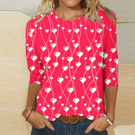 Herrnalise 3/4 Long Sleeve Valentines Day Shirts for Women Heart Print Tees Blouses Crewneck Loose Casual Plus Size Tops T shirts Valentines Day Gifts For Her