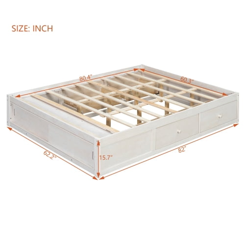 Queen Size Platform Bed Frame with 4 Storage Drawers and Footboard Storage Cubby, No Headboard Design Solid Wood Platform for Bedroom, White