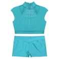 thumbnail image 3 of Hansber Kids Girls Dance Outfits 2-Piece Sleeveless Rhinestones Cutout Mock Neck Crop Top with Shorts Set Blue Green 8, 3 of 7