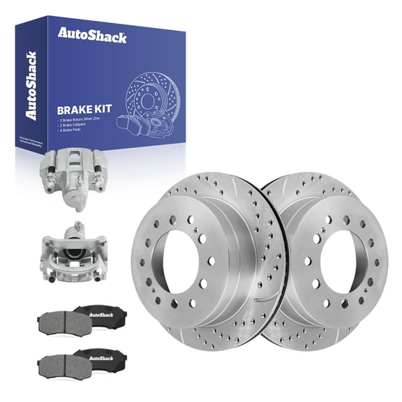 AutoShack Rear Vented Drilled & Slotted Silver Zinc Coated Brake Rotors   Ceramic Pads   Calipers 8-PC Brake Kit Replacement for 2003-2009 Lexus GX470 SilverShield Pro 12.28" (312 mm)