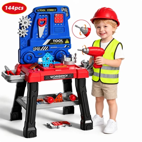 Wonderstone Kids Tool Bench Set with Electric Drill, Construction Workbench with Realistic Tools, Pretend Play Workshop Toy for Boys, Birthday Gift for Ages 3-8 (Blue & Red)